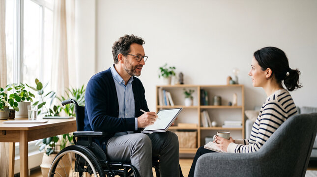 Man in wheelchair and woman discuss work with tablet in modern office
