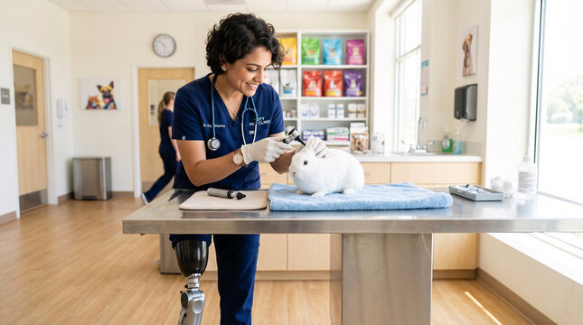 Veterinarian examines white rabbit with otoscope in bright veterinary clinic