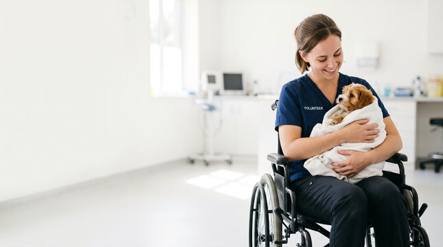Smiling volunteer in wheelchair holding a cute puppy wrapped in a towel