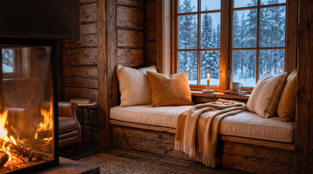 Cozy cabin window seat with fireplace and snowy forest view