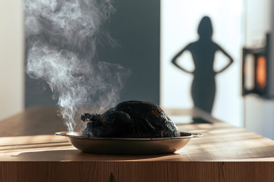 Burnt roast turkey smoking in serving dish with worried home cook silhouette in modern kitchen