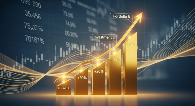 A golden bar chart displays rising financial gains and successful market growth trends across multiple asset portfolios which help investors visualize significant economic progress during