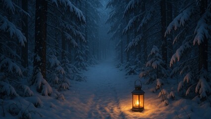 Fototapeta premium Mystical snowy forest lantern path wallpaper for desktop