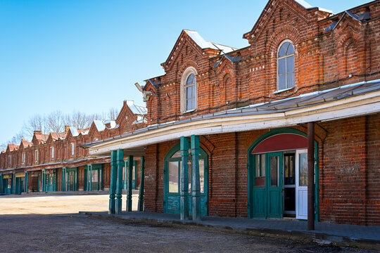 Old brick shopping arcades in the city of Kashin, Tver region of Russia