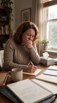 A woman cries while writing in her diary at a wooden table. The scene captures raw emotion and self-discovery through uncensored reflection. Ideal for mental health and therapy content.