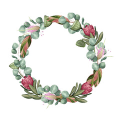 Botanical floral wreath frame with eucalyptus leaves & flowers with empty center © Alina