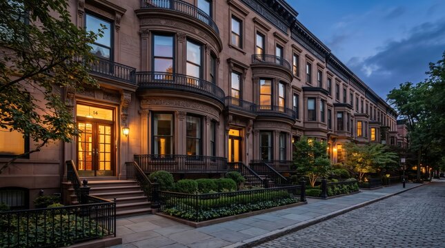 Brownstone row houses with bay windows on cobblestone street at dusk