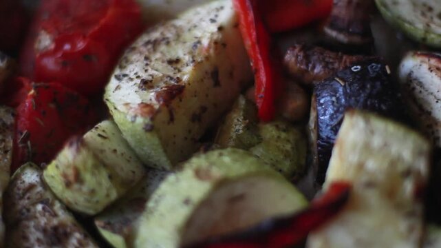 Grilled roasted vegetables zucchini eggplant bell pepper close up