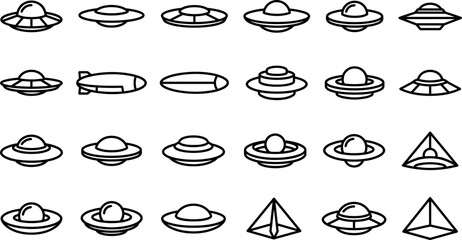 Alien UFO Spaceship Icon Set Featuring Diverse Futuristic Flying Saucer Shapes in Minimalist Outline Vector © Sariful