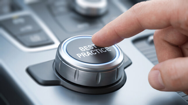 Finger pressing Best Practice button on car control panel dashboard, selection of high standards and corporate methodology, automation management