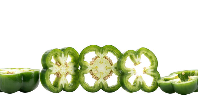 Five slices of fresh green bell pepper arranged in a row, showing the interior seeds and structure, isolated on a solid black background