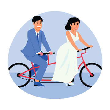 Newlywed Couple Riding Tandem Bicycle vector illustration Eps file