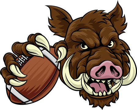 A wild boar, hog razorback warthog pig mean tough cartoon sports mascot holding an American football ball