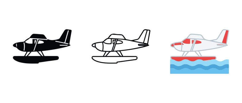 seaplane designs with floats for water landing and takeoff isolated on transparent background