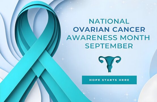 Teal ribbon ovarian cancer awareness month medical poster with awareness