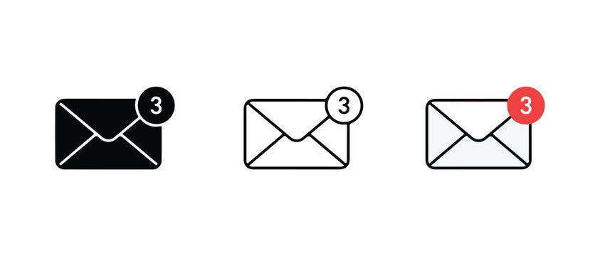 email notification icons showing different styles of unread message indicators with number three badge