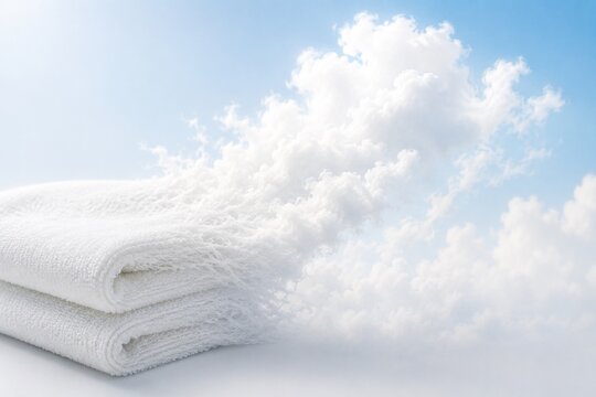 Soft White Towels Transforming into Fluffy Clouds, Clean Laundry and Softness Concept
