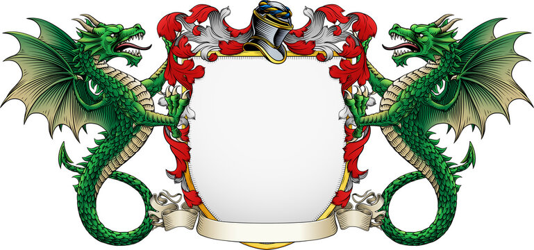 Wyvern dragons coat of arms or crest family heraldry medieval heraldic knight shield with helmet and acanthus filigree scroll ornament in a vintage woodcut style.
