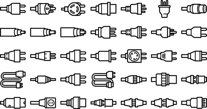 Electrical plug and cable line icon set of power connector wire socket adapter vector elements for technology industry branding website