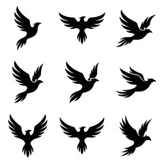 Fototapeta premium Black silhouette set features a flying phoenix bird vector with spread wings for elegant tattoo designs.