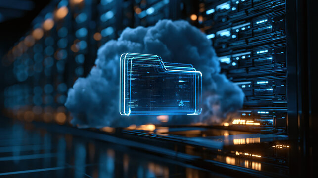 Cloud storage document management system showing glowing digital folder inside data center server room environment