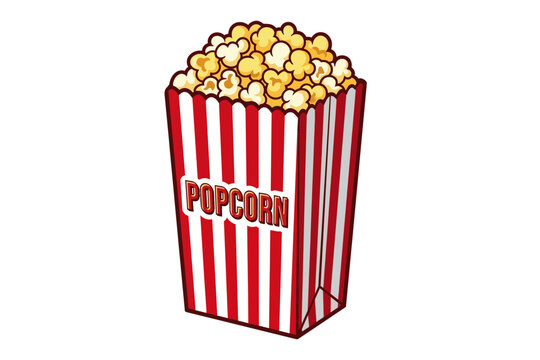 Classic Red and White Striped Popcorn Box Full of Popcorn Vector Illustration