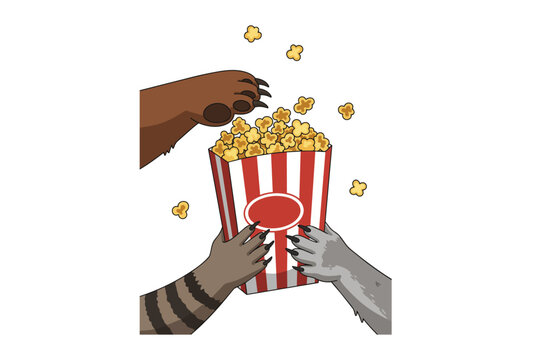Diverse Hands Sharing Popcorn from Striped Cinema Box Vector Illustration