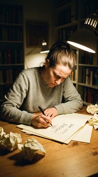 Woman writing Dear Critic Enough on cream paper. Reflective mood capturing raw self-discovery and emotional release. Ideal for mental health blogs or journaling workshops.