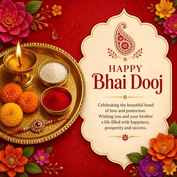 Happy Bhai Dooj Greeting Template with Decorative Ornaments, Bhai Tika, Indian Religious Festival Bhai Dooj Wishes Background