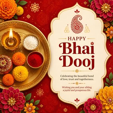 Happy Bhai Dooj Greeting Template with Decorative Ornaments, Bhai Tika, Indian Religious Festival Bhai Dooj Wishes Background