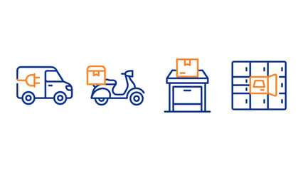 Obraz premium Smart Parcel Delivery and Eco Logistics Line Icon Set with Electric Van Scooter Pickup Desk and Locker