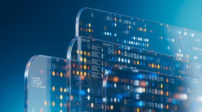 Futuristic transparent data screens displaying network encryption protocols and digital throughput metrics
