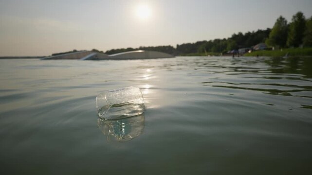 A clear plastic bottle floats on calm lake water with a wakeboarding park in the background during golden hour. Concept of environmental pollution, microplastics, and freshwater waste.