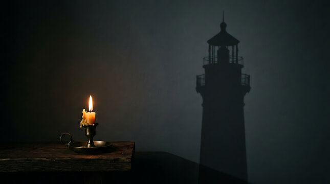A single burning candle sitting on a dark wooden table casting the large shadow of a distant lighthouse on the wall