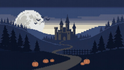 Fototapeta premium Spooky Castle Pixel Art Landscape At Night With Full Moon, Haunted Castle Pixel Art Scene With Moonlit Night And Eerie Halloween Atmosphere