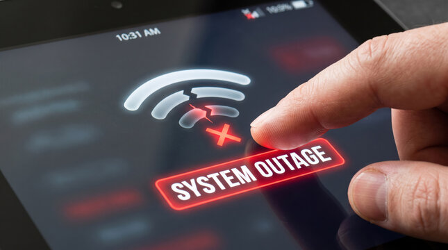 System outage warning on digital tablet. Red error notification with disconnected wifi symbol on touch screen. Internet connection failure issue.