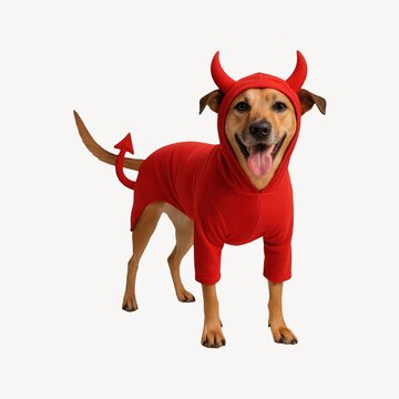 Dog in red devil costume