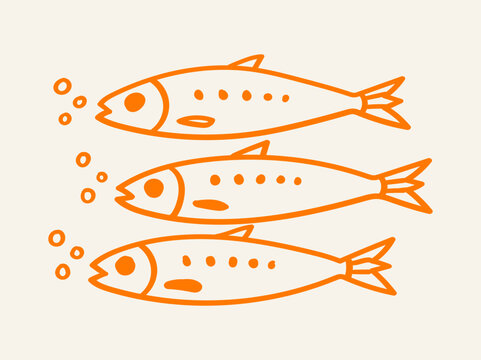 Cute hand drawn orange line art illustration of three swimming sardines fish set with water bubbles
