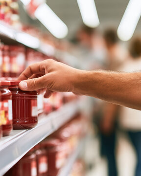 Hand reaching for cranberry sauce jar on supermarket shelf with shoppers in soft focus and bright retail lighting
