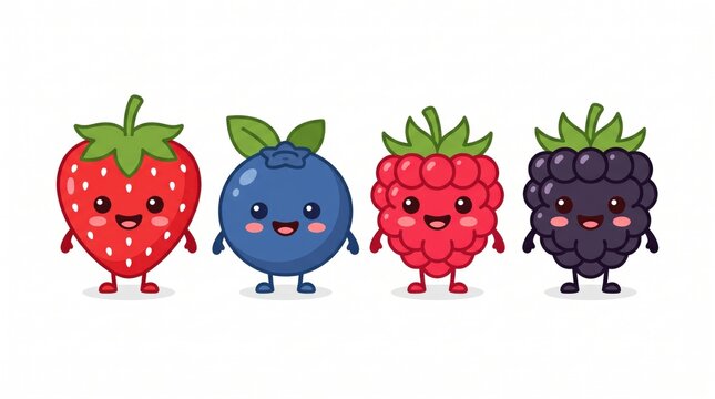Cute berry vector set with strawberry, blueberry, raspberry, and blackberry fruit cartoon characters icon design elements isolated on white background.