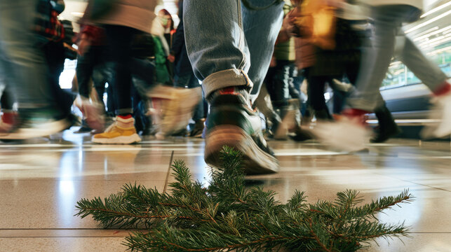 Crowded supermarket with diverse shoppers winter shoes rushing across polished tile floor beside fallen pine branch, motion blur, sharp foreground footwear, bright ambient light and negative space