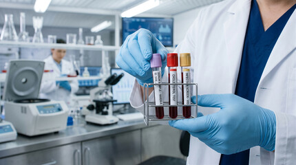 Fototapeta premium Medical scientist holding blood sample test tubes in laboratory. Clinical researcher analyzing blood vials in modern lab. Healthcare professional with medical samples.