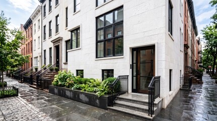 Naklejka premium Modern white corner townhouse with black planter and wet street