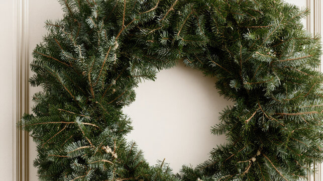 Dark evergreen wreath mockup low angle perspective with subtle dried eucalyptus accent mounted on off white paneled door, sharp woody twig texture and clean upper space