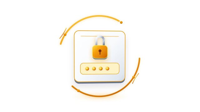 Modern 3D isometric login card with locked golden padlock and dots