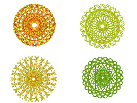 Set of colourful geometric mandala patterns and decorative floral badges, collection of multicolored abstract circular flowers icons on white background, decorative round floral mandalas,