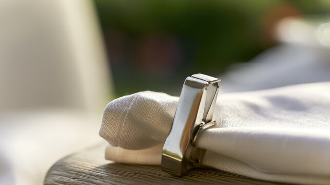 Polished steel tablecloth clamp holding pastel cotton fabric on oak tabletop corner with soft garden background, diffused sunlight, minimalist outdoor dining still life and generous negative space