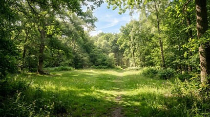 Obraz premium Sunlit forest clearing with lush green trees and dappled sunlight.