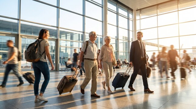 Travelers Pulling Suitcases Through Airport Terminal