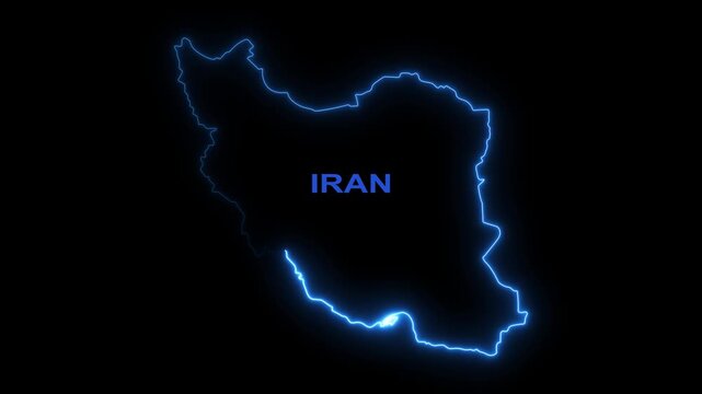 Glowing neon map of iran outline with pulsing blue light effect on black background